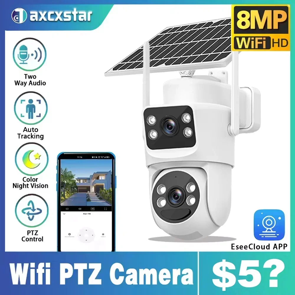 4K 8MP Solar Battery PTZ WiFi Camera Dual Lens Dual Screens Outdoor Auto Tracking Security Protection Video Surveillance Camera