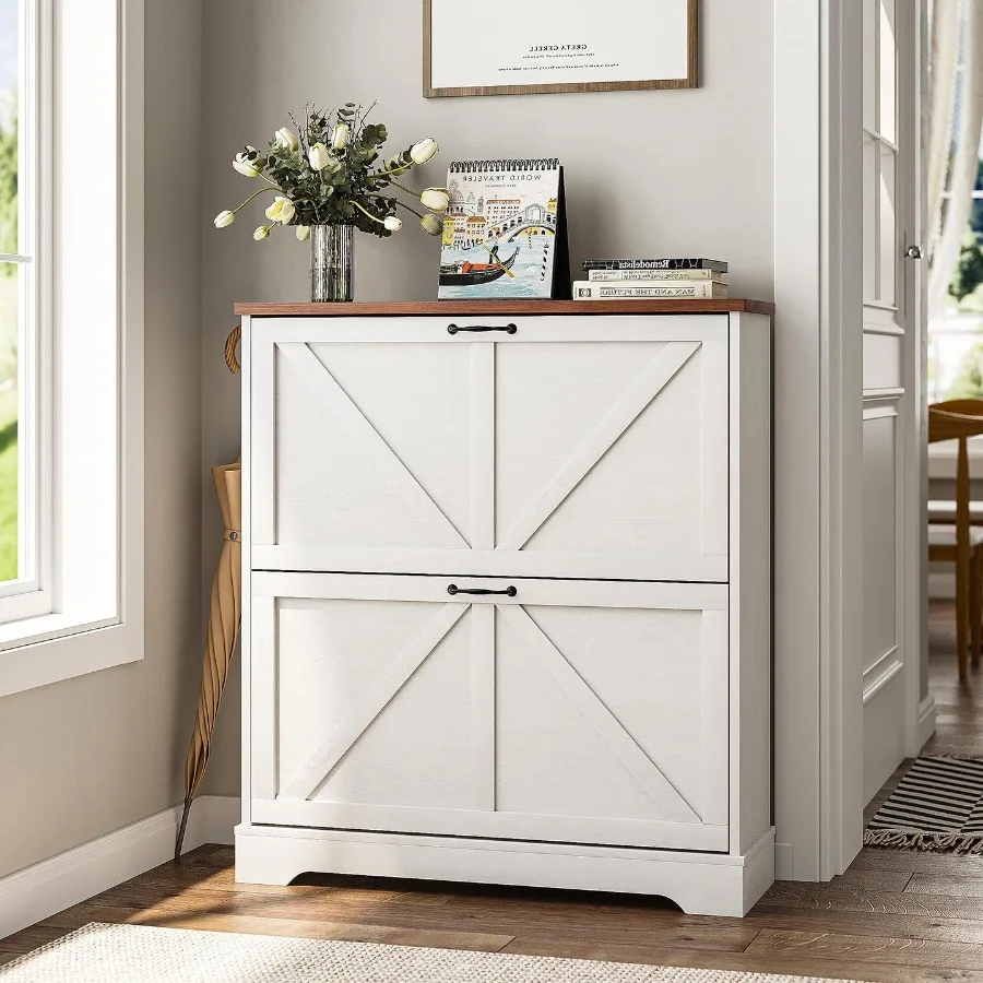 Narrow farmhouse shoe storage cabinet with 2 flip drawers for entryway slim design shoe rack cabinet in white color ideal for c