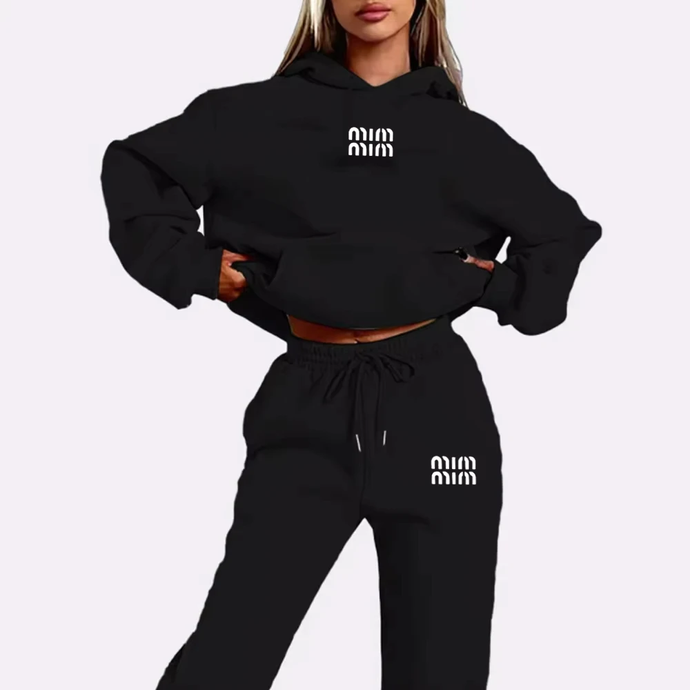 

MM Printed Women's Two Piece Tracksuit Set Fashion Jogging Sweatshirt Suit with Drawstring Sports Hood Quality Fitness Outfi