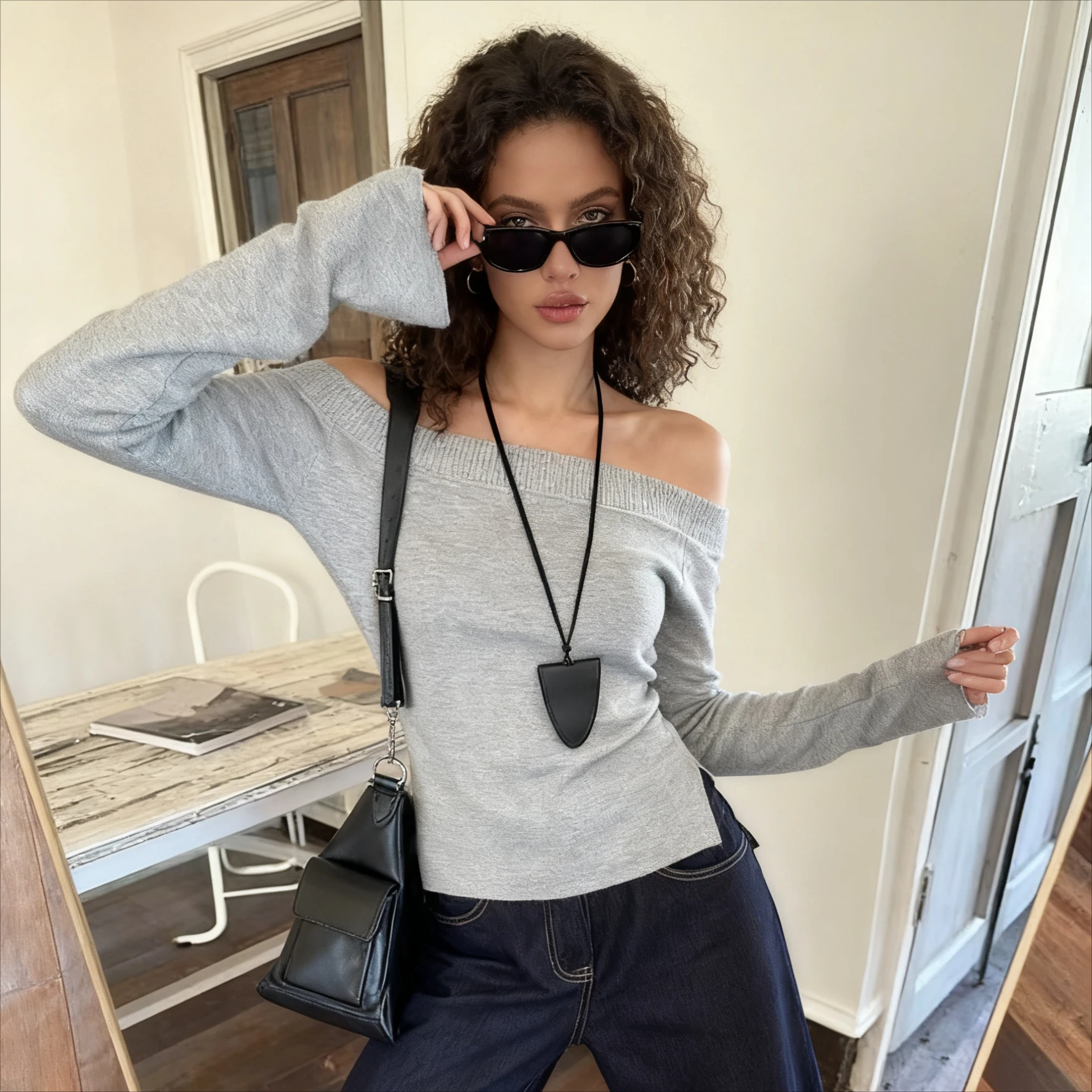 Women's Y2K Off - Shoulder Ribbed Knit Top, Soft Stretchy Fabric, Flare Sleeve, Slim Fit, Trendy Multi - Color Sweater