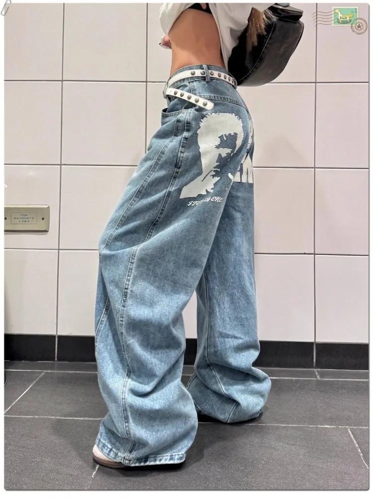 Women's Retro Letter Print Design High Waisted Jeans Cool Girl Wide Leg Vintage Streetwear Trouser Female Casual Denim Pants