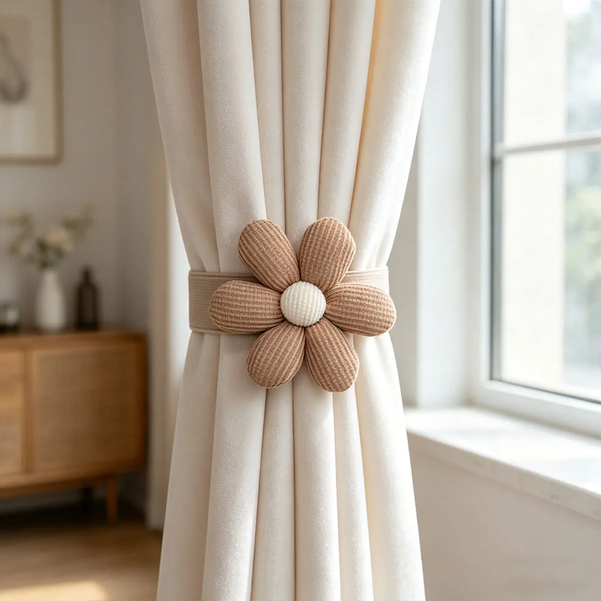 2PCS Floral Elastic Curtain Tiebacks, Fabric Flower Curtain Holdbacks for Elegant Home Decor