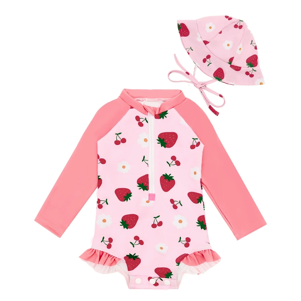 ALVABABY Girls Baby Long Sleeve Swimwear One Piece Rash Guard Swimsuit with Zipper, UPF 50+ Sun Protection Girls Bathing Suit