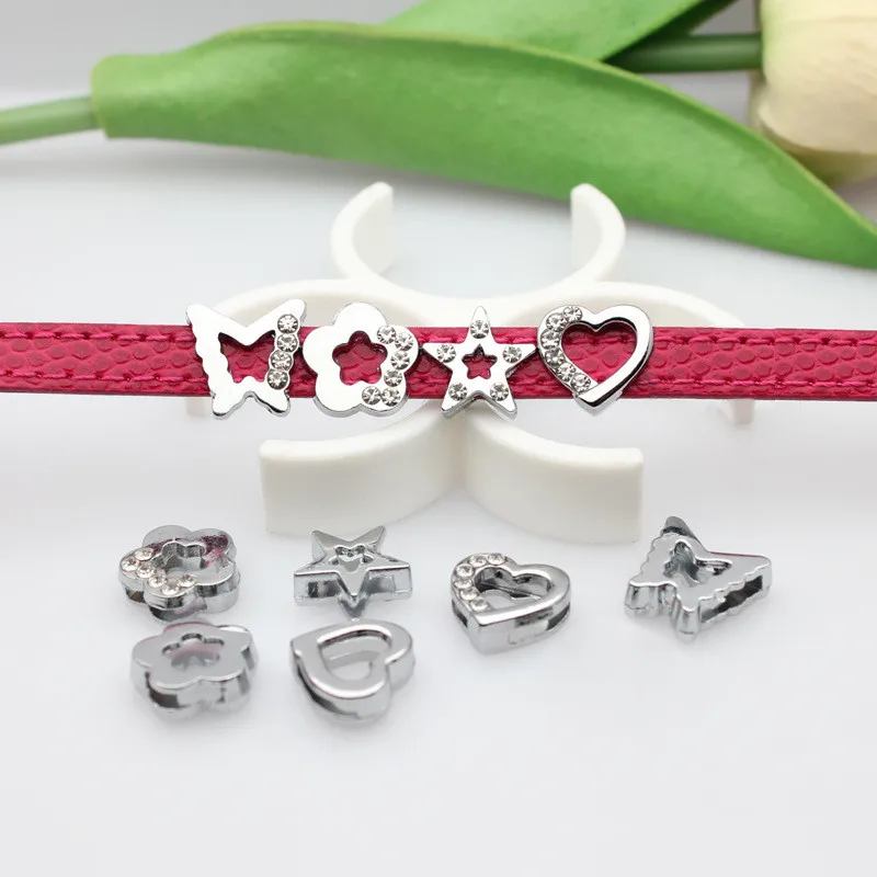 10PC/lot 8MM half rhinestones heart star flower butterfly Slide Charm For 8mm DIY Bracelet Wristband Jewelrys Making