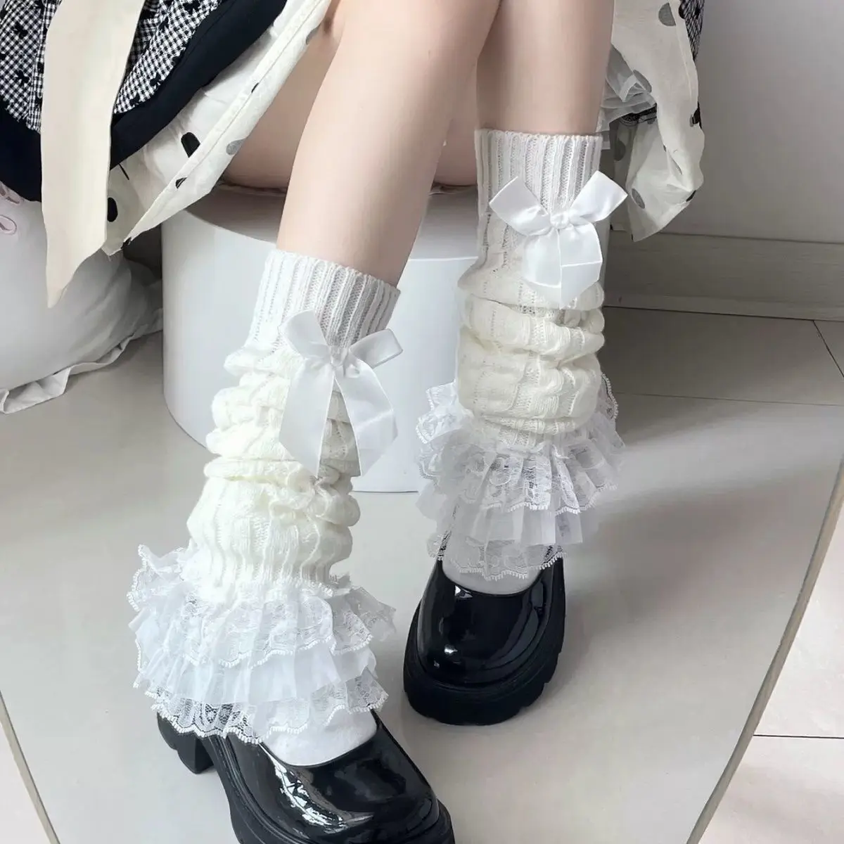 

Милые белые вязаные носки с кружевными носками в стиле овцы Лолита, черно-белые кружевные носки до середины икры с бантом Jk Daily Kawaii