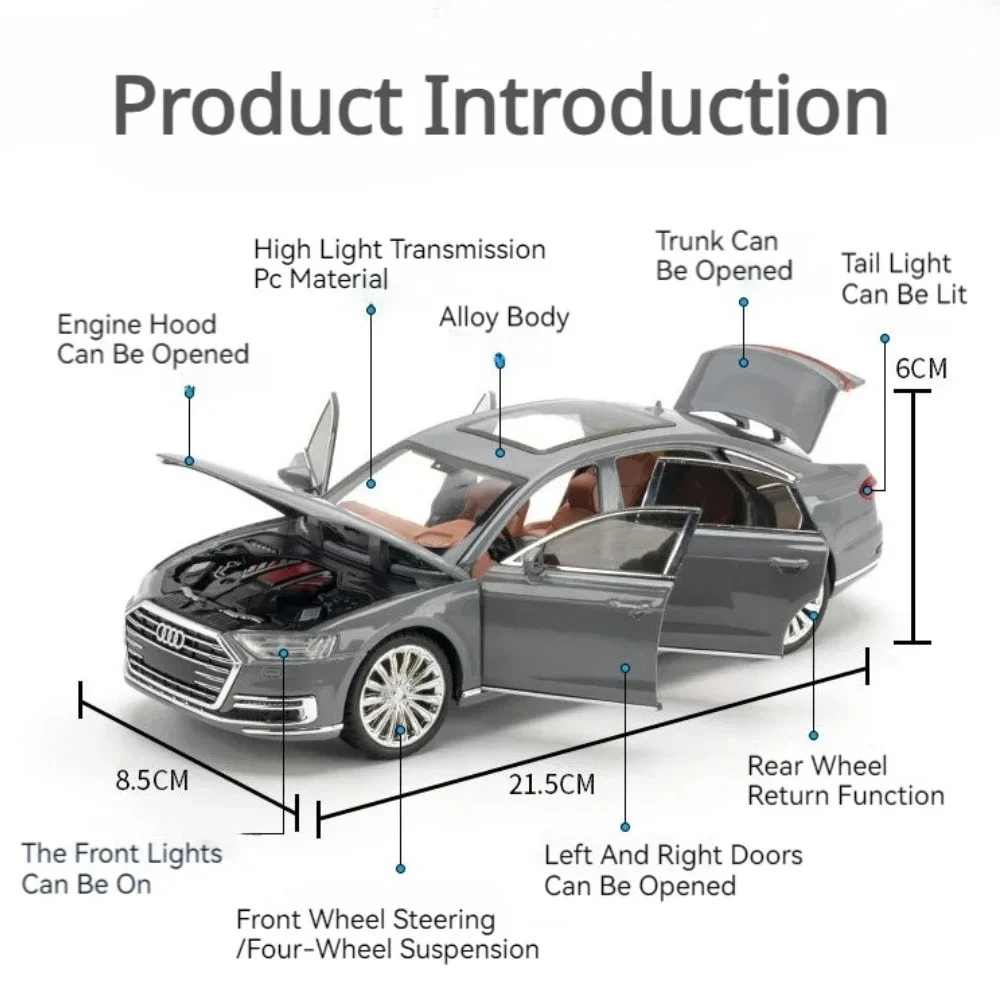 1:24 Scale RS7 Car Model Toy Pull Back Sound Light Alloy Diecast Doors Opened Vehicles Models Miniature Boys Collection Gifts