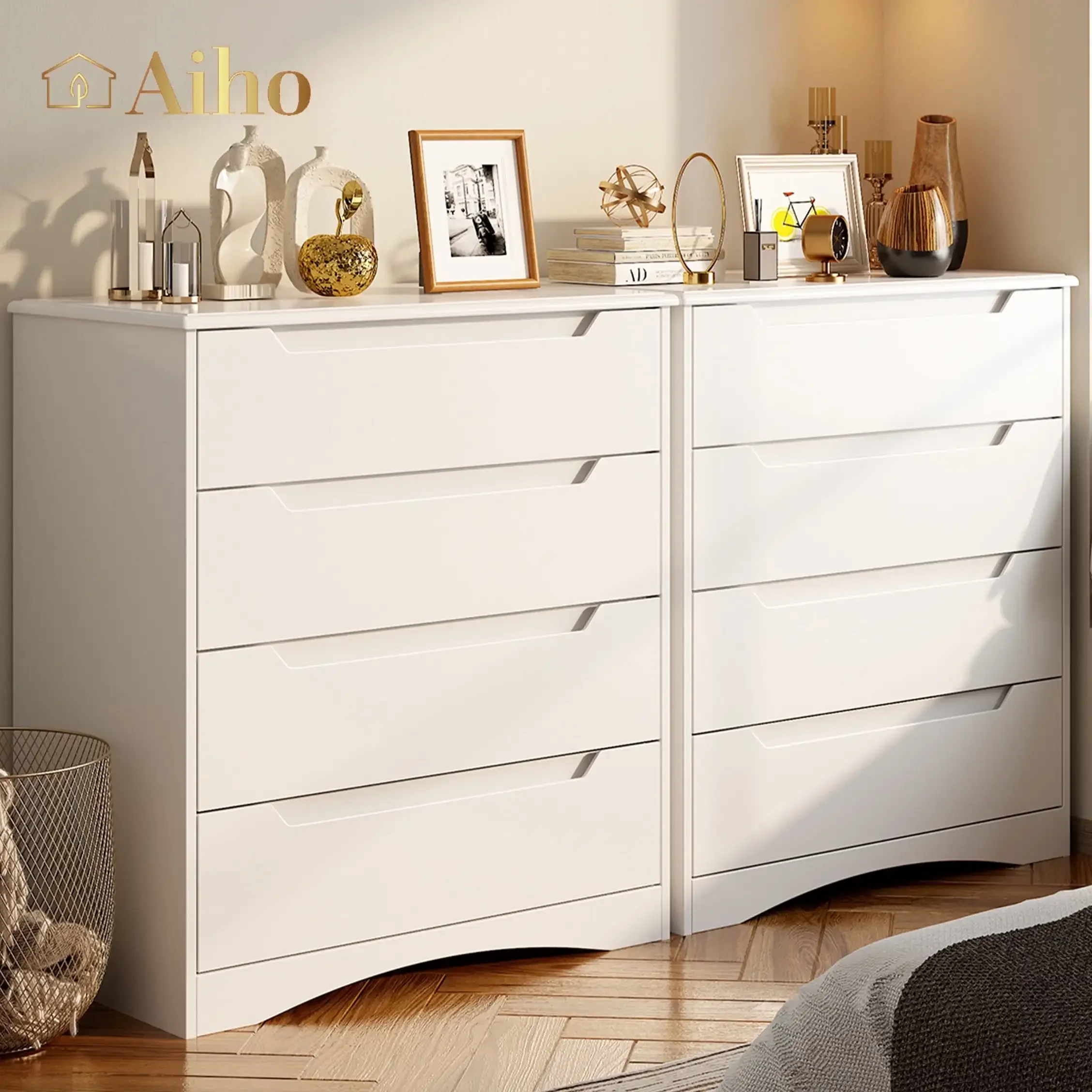 

White Dresser with 4 Drawers, Wood Tall Chest, Built-in Handle Drawers for Bedroom, Home, Living Room, Hallway - White