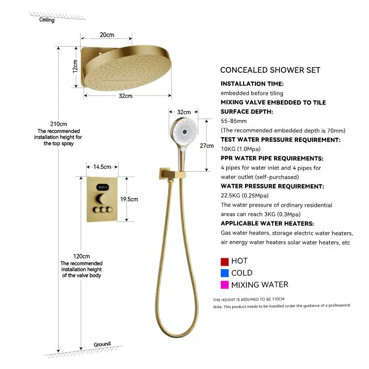 Brass Thermostatic Concealed Bathroom Shower System Set Digital Temperature LED Display Round Shower Head Rainfall Shower Sets