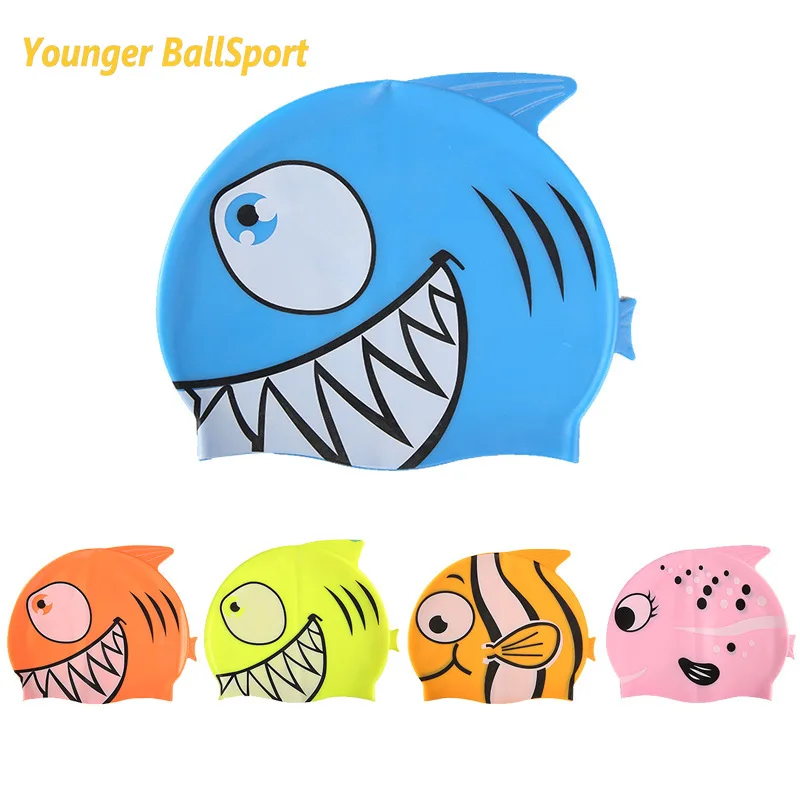 2022 Cartoon Swimming Cap Shark Children Silicone Kids Swimming Pool Hat Waterproof Protect Ears Boys and Girls Swim Equipment