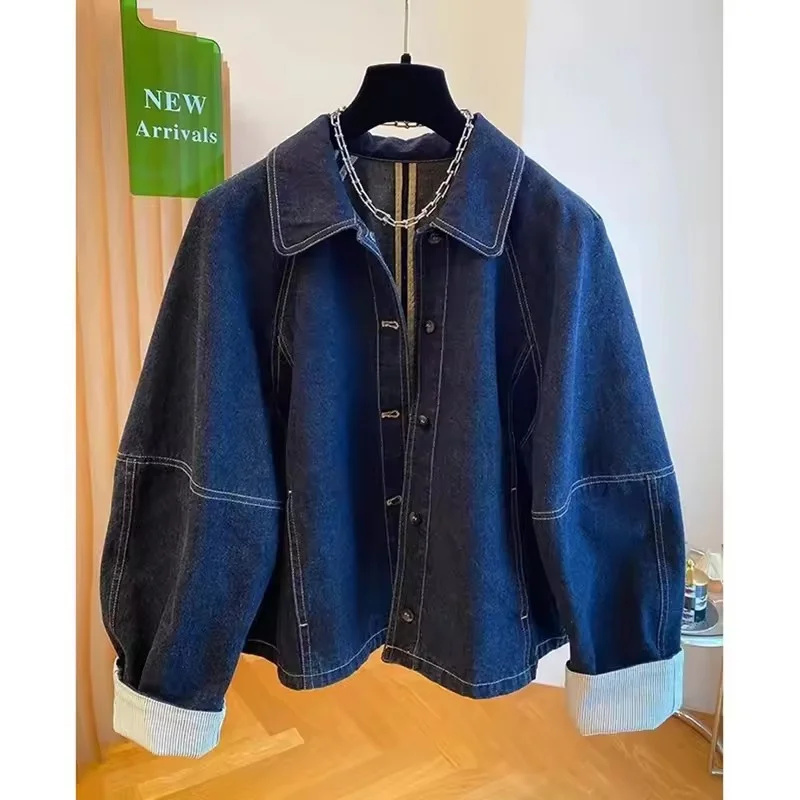 

Women Denim Jackets 2025 New Korean Style Dark Blue Long Sleeve Single Breasted Coats Spring Autumn Vintage Loose Jacket Tops