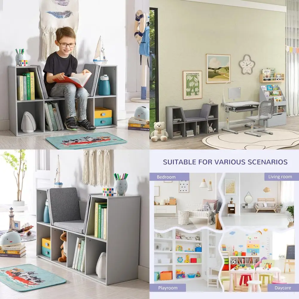 

Серый детский стеллаж HOMCOM с 6 отделениями, уголком для чтения и подушкой, универсальное хранилище для детских комнат и гостиных