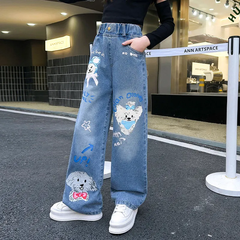 New Autumn Child Cartoon Printed Jeans for Girls Long Denim Trousers Teens Kids Cute Dog Pattern Wide Leg Pants 5 7 9 11 13 14 Y