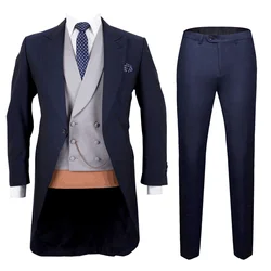 Formal Men's Tailcoat 3-Piece Suit Navy Blue One Button Peak Lapel Jacket Trousers & Waistcoat for Wedding Groom Tuxedos