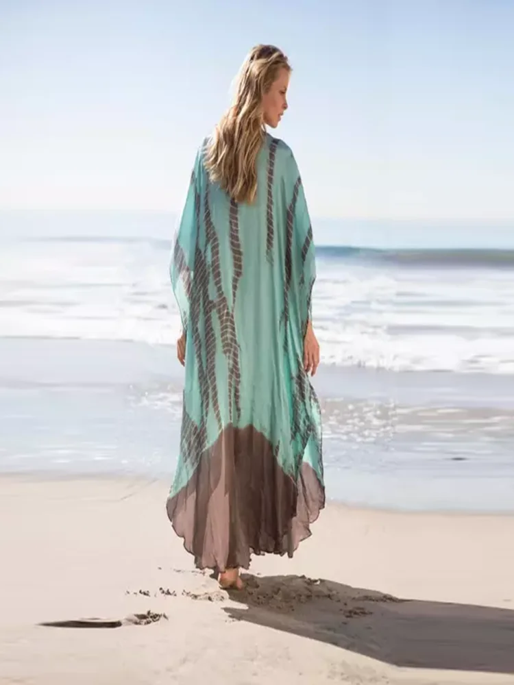 Plus Size Boho Cover Up  Women s Plus Colorblock Tie Dye Bat Sleeve V Neck Round Hem Maxi Beachwear Cover Up