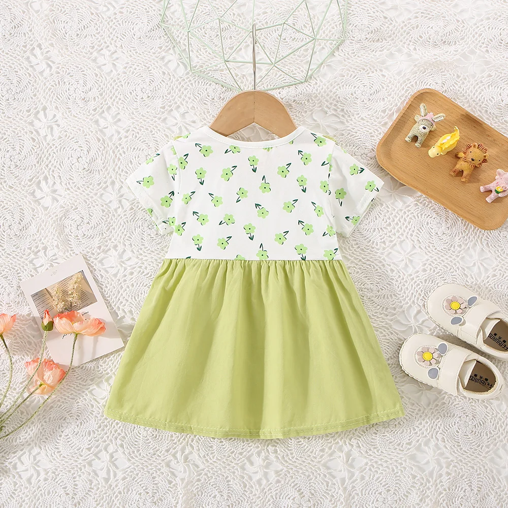 (0-3 Years Old) Summer Baby Girl Cotton Flower Fake Two-Piece Shoulder Strap Dress Girl Cute Short Sleeved Dress