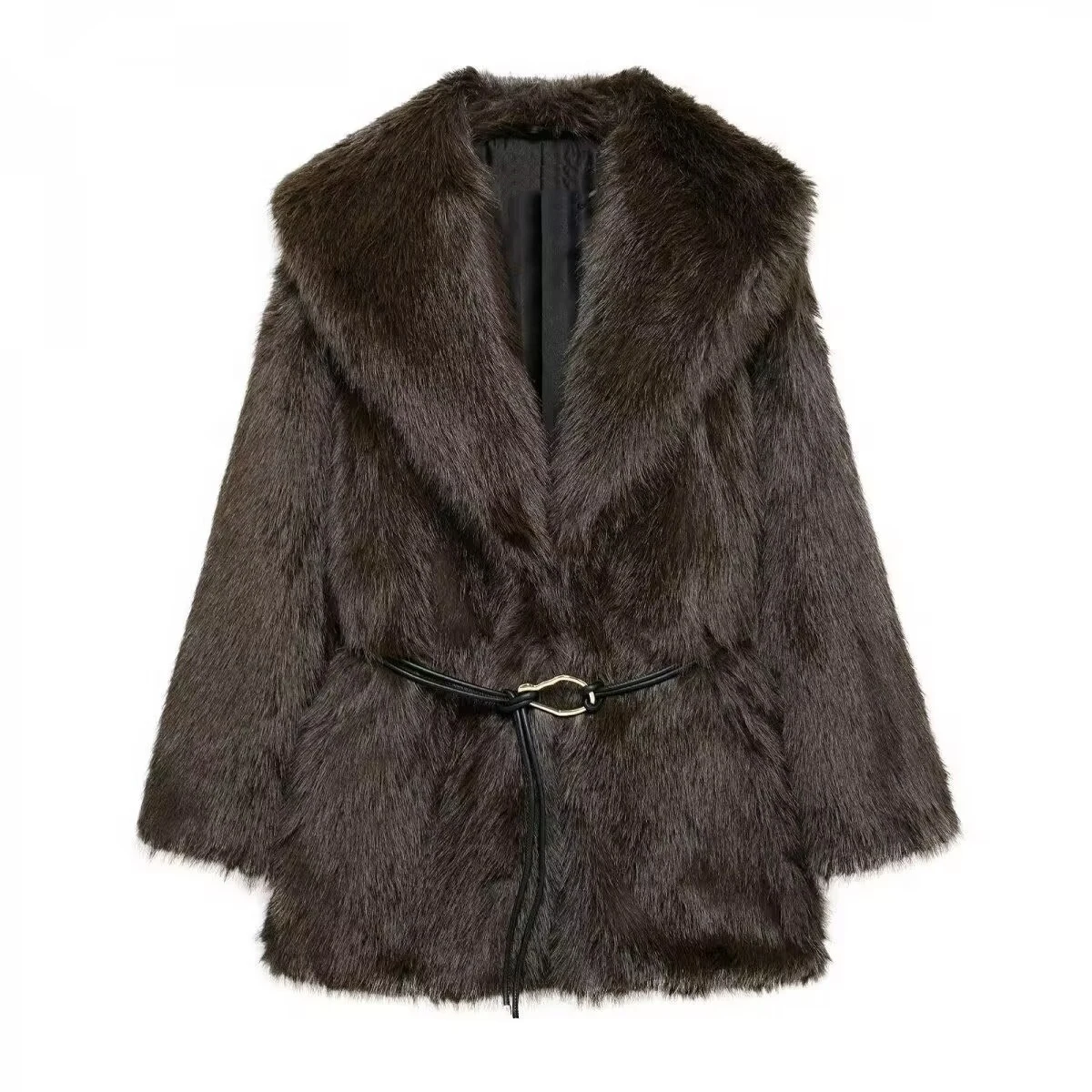

Women's Fall/Winter New Street Fashion High Street Belt Decorative Collar Solid Color Midi Coat Long Sleeve Loose Jacket