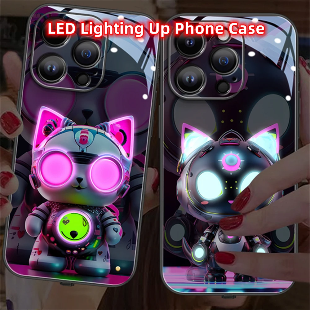 

Cute Punk Cat LED Light Glowing Luminous Tempered Glass Back Phone Case For iPhone 15 14 13 12 11 Pro Max XR XS 7 8 Plus SE2020