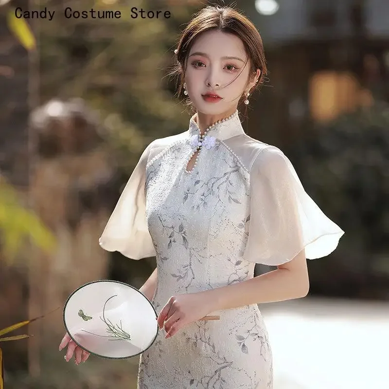 

Traditional Chinese Cheongsam, Mid Long Qipao, Beige Improved Embroidery, Vintage Elegant Dress, Trumpet Sleeve, Slim-fit