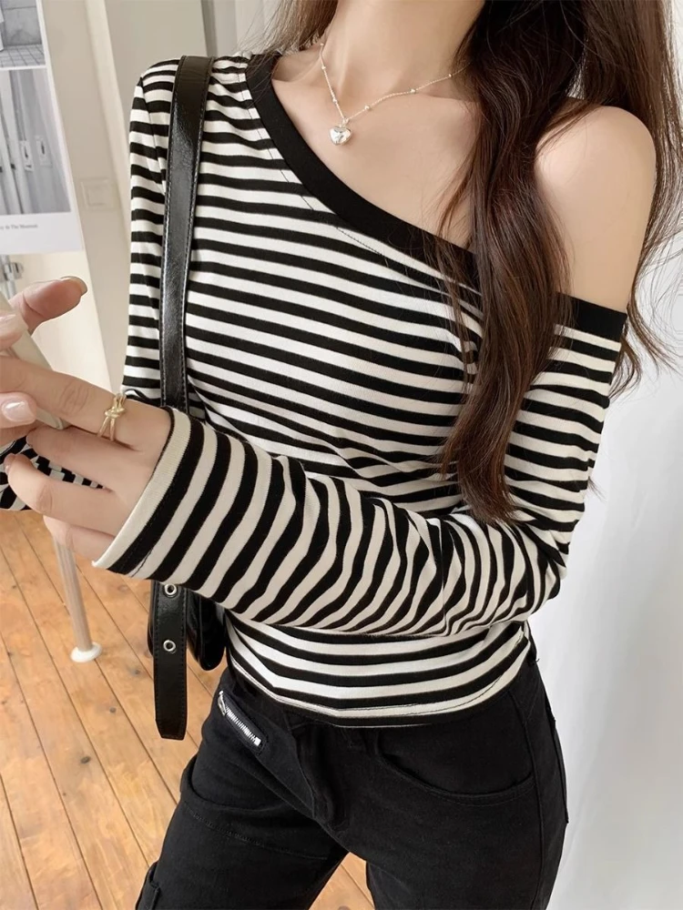 Korean-style striped off-the-shoulder top women' summer fall sexy  slim and hot girl  tops y2k slimming long-sleeve clothes