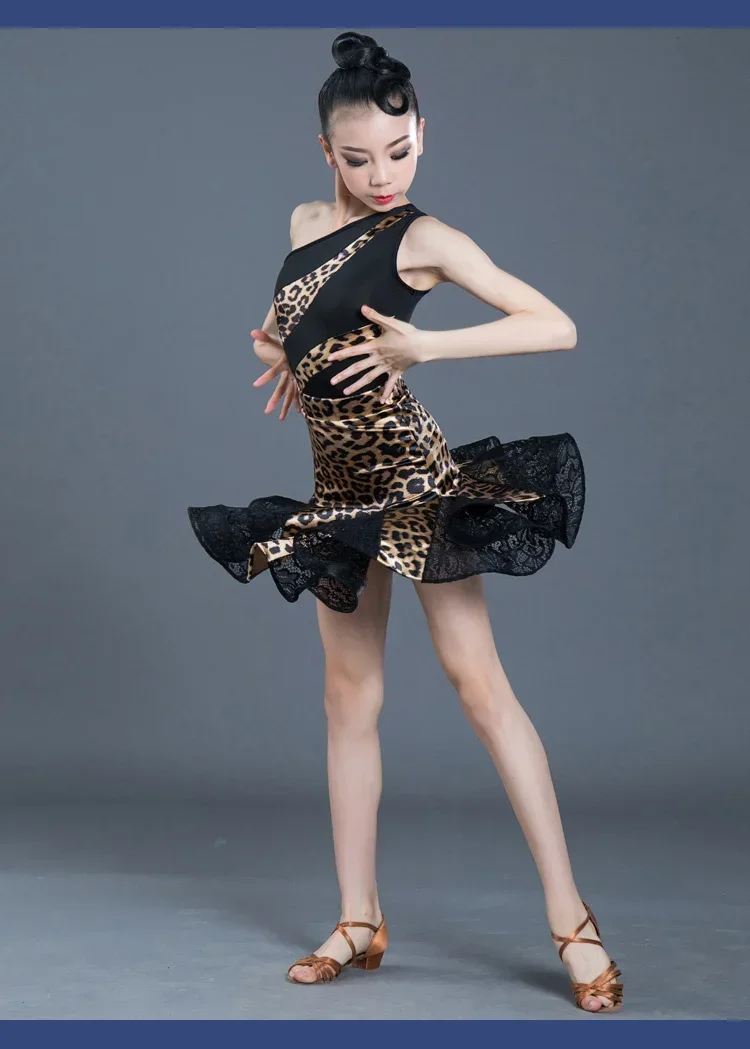 

1pcs/lot children sexy one shoulder leopard latin dance dresses girls dress girl show performance chacha dancing dresss