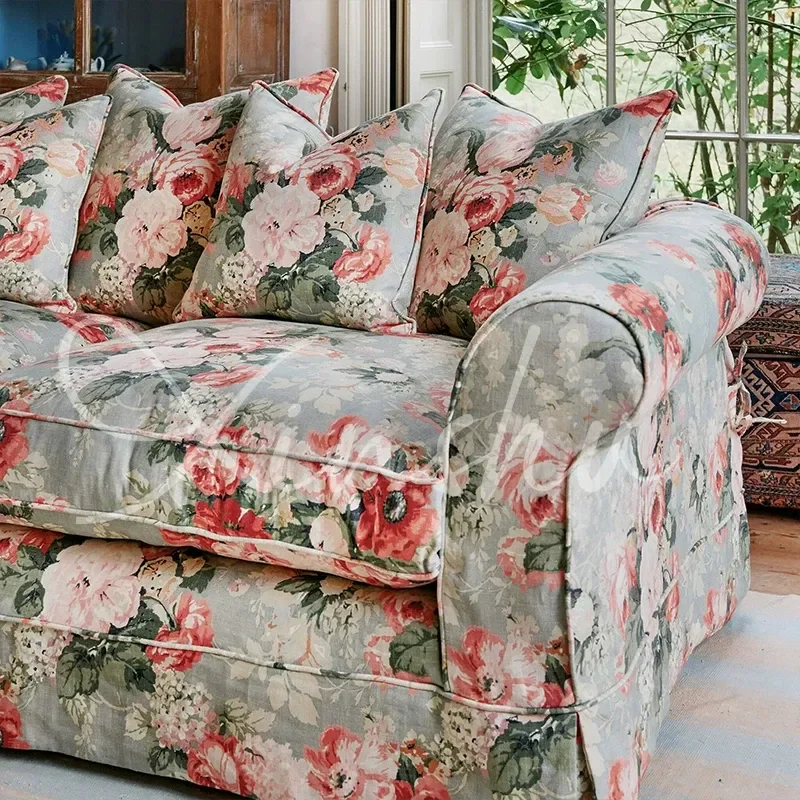 Retro Peony Fabric 3 Seater Sofa Solid Wood Frame Large Double Soft Cushion Living Room Furniture for Small Apartment