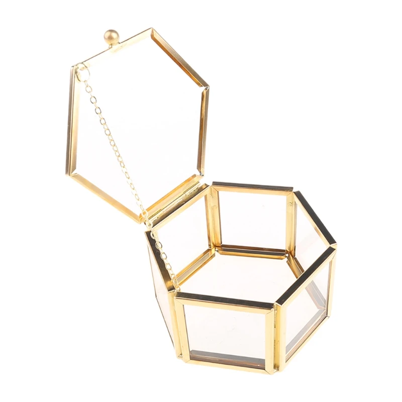 Glass Clear Vintage Jewelry Box Golden Geometric Jewelry Display Box for Case Home Decorative Box