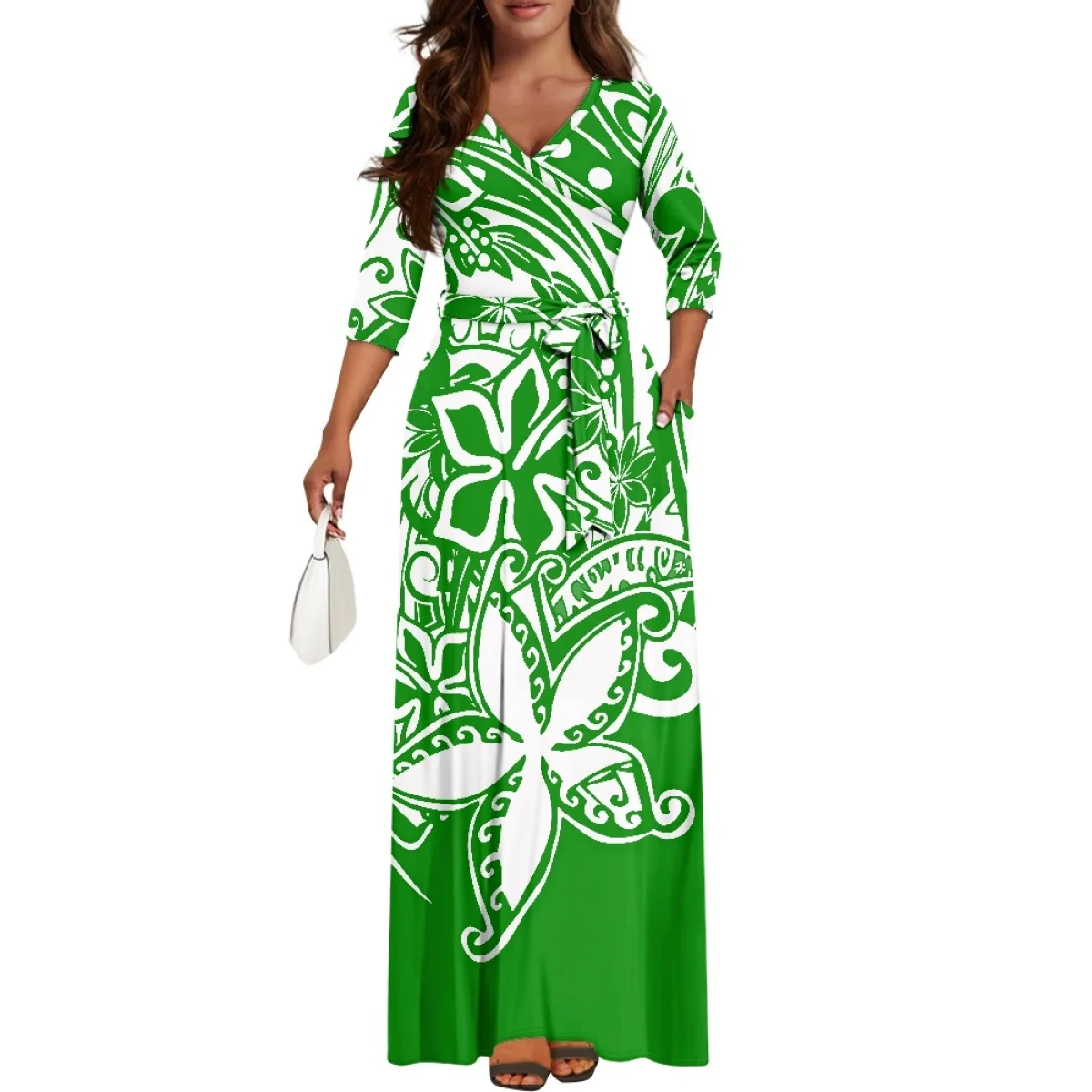 Schwarz-weißes, trendiges, modisches Damen-Maxikleid mit V-Ausschnitt, Pacific Island, floraler Design-Druck, polynesisches Pua-Kalikimaka-Kleid