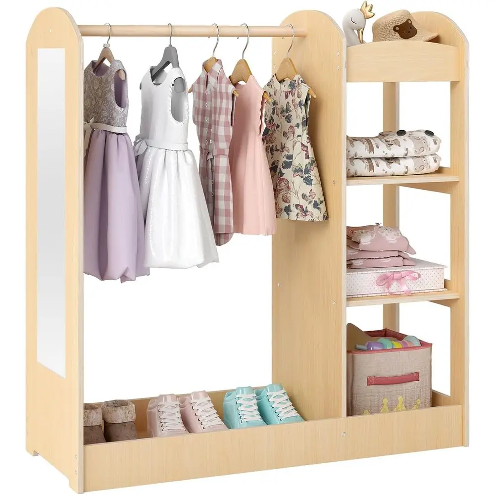 Natural Wooden Kids Dress-Up Organizer with Mirror, Clothes Rack, 3-Tier Shelves, Bottom Tray, and Open Hanging Closet for Littl