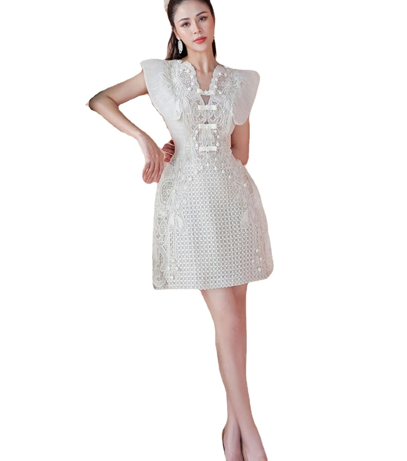 French Fashion Elegant Lace Embroidery Stitching Beaded Button V-neck Sleeveless High Waist A-line Evening Short Dress Women