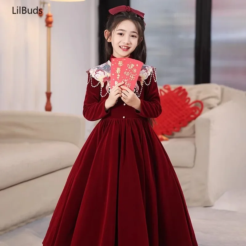 2024 Kids Red Birthday Dress Clothes Flower Girl Little Girl Princess Elegant Children Piano Performance Party Autumn Winter