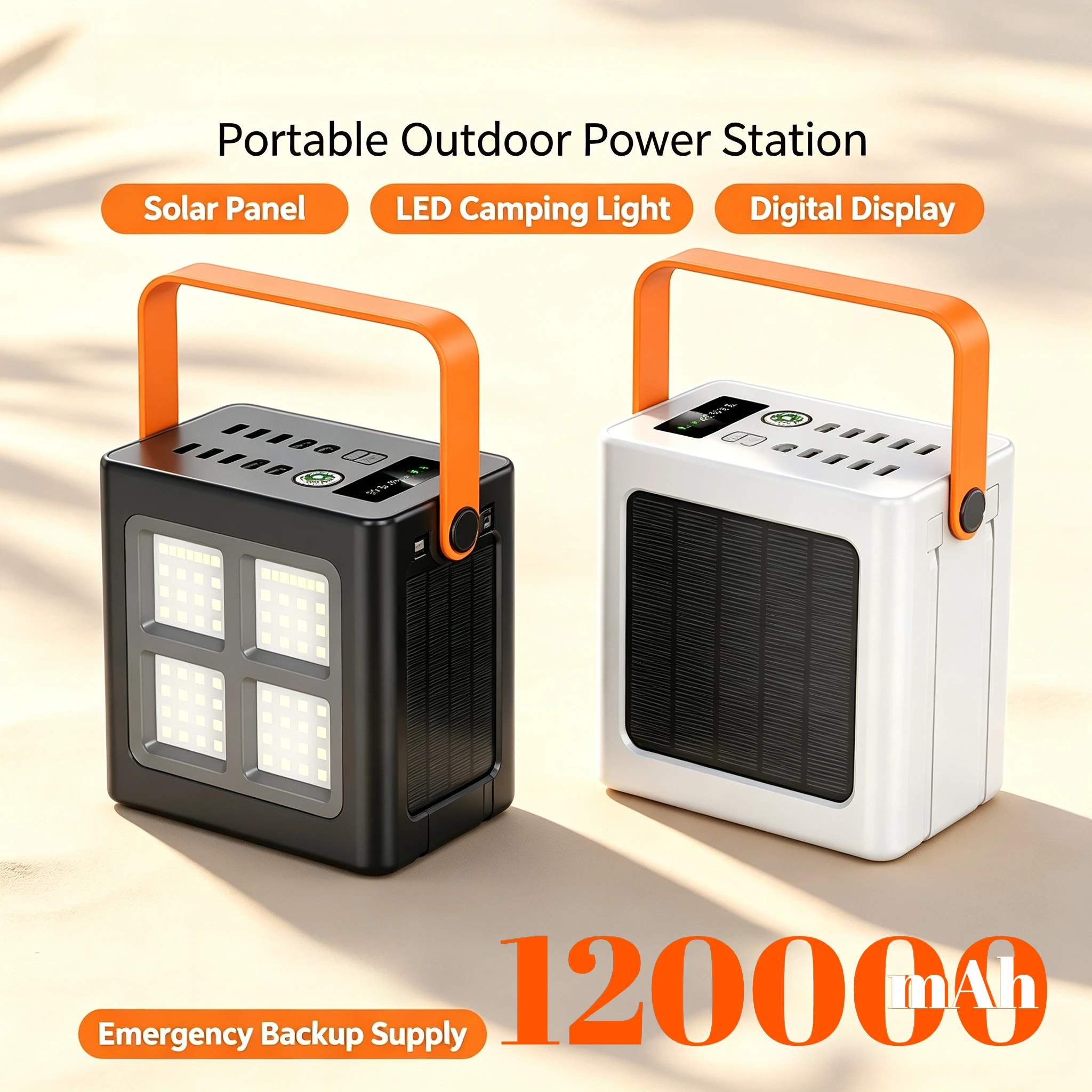 120000mAh Portable Power Station Solar Power Bank Built-in Cable LED Light External Battery for Outdoor Camping Travel Emergency