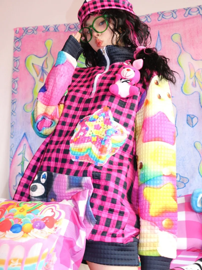 2025 Japanese Autumn and Winter Y2K Harajuku Niche Original Printed Pullover Sweater Zipper Top For Women