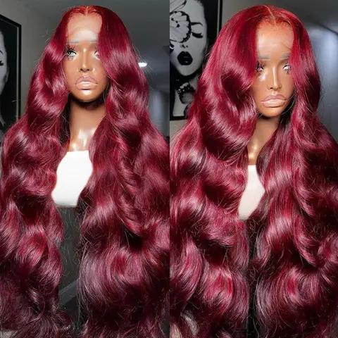 100% Human Hair 99J Burgundy Body Wave 13x4 Lace Front Wig 13x6 HD 30 40 Inch Lace Frontal Wigs Wine Red Water Loose Brazilian