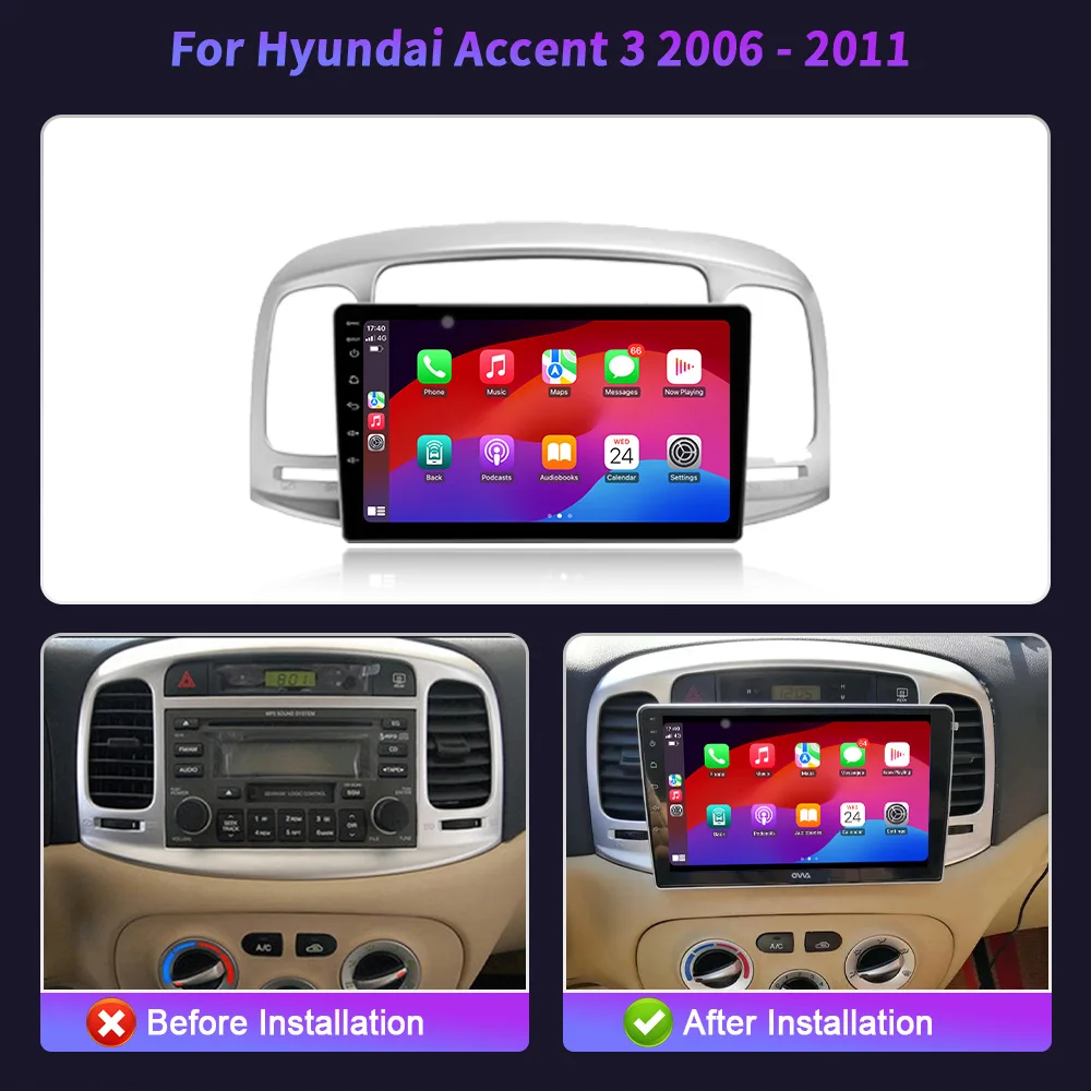 لاسلكي BT CarPlay أندرويد 14 راديو سيارة مشغل وسائط متعددة اللمس 2K شاشة QLED لشركة هيونداي أكسنت 3 2006 - 2011