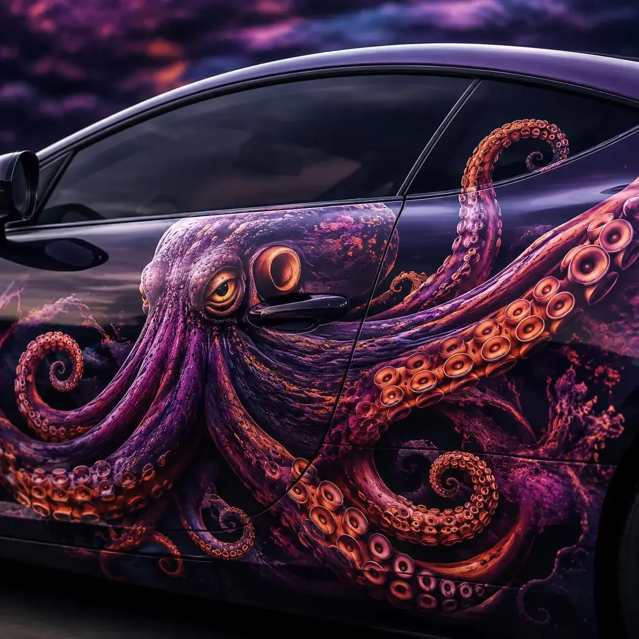 Octopus Car Wrap Vinyl Decal, Purple & Orange Full Body Design