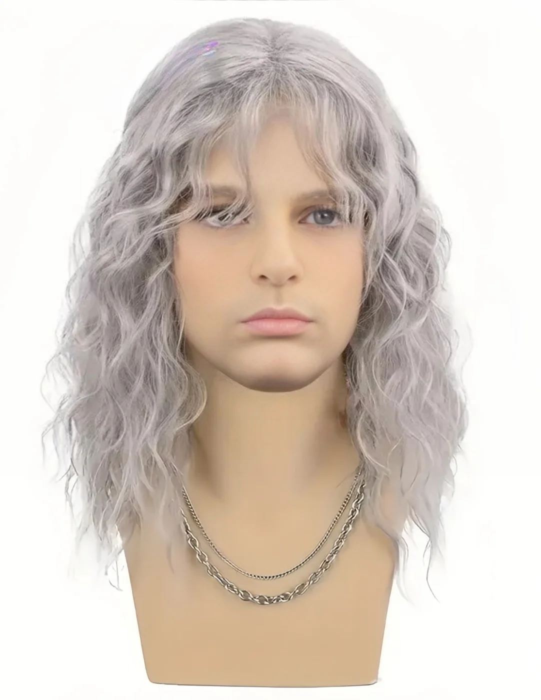 Synthetic Men's Wig Grey Natural Curly Male Wig with Bangs Water Wave Daily or Cosplay for Men Adjustable Wig image 3