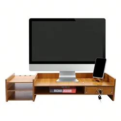 Computer Monitor Stand with Lock, 2 Keys Desktop Laptop Rack with Drawers, with Phone Holder, Wood