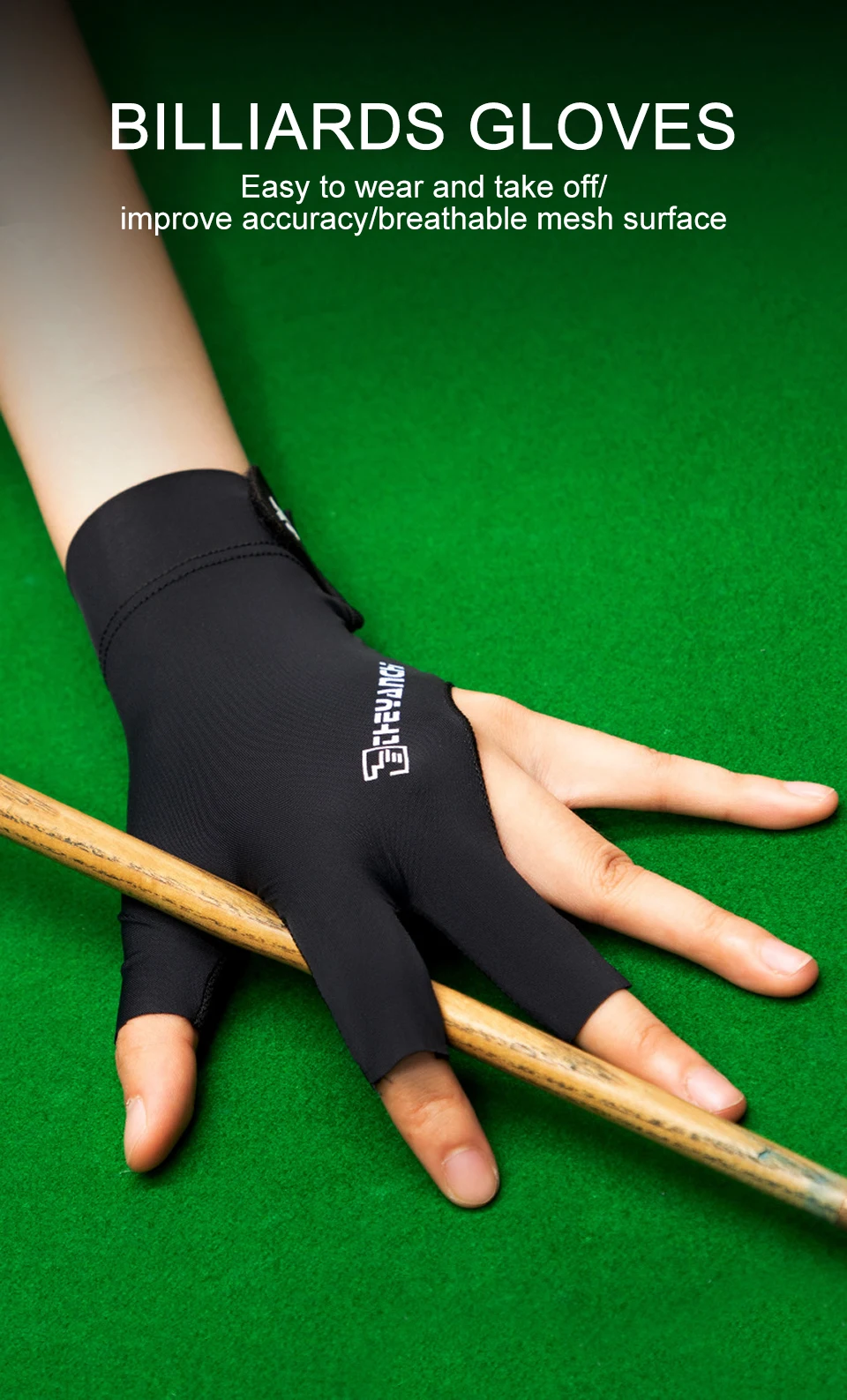 GTUBIKE 1PC Billard Handschuh Linke Hand Drei Finger Snooker Billard Handschuh Nicht Slip Aufkleber Elastizität Billard Training Handschuhe – Detail 1