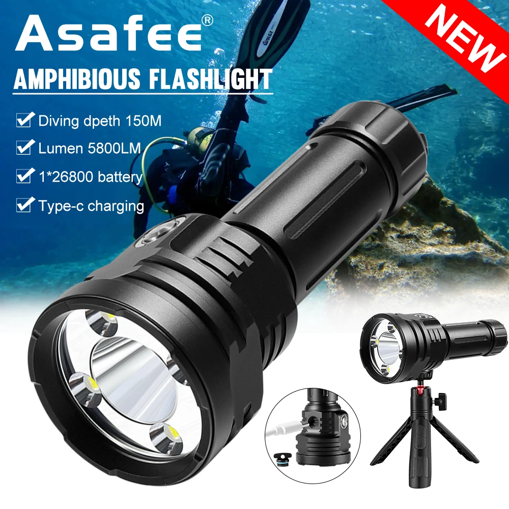 

Asafee A50 5800LM Strong Professional Diving Flashlight 1500M Range 150M Depth Lamp Rechargeable Assemblable Bracket Scuba Light