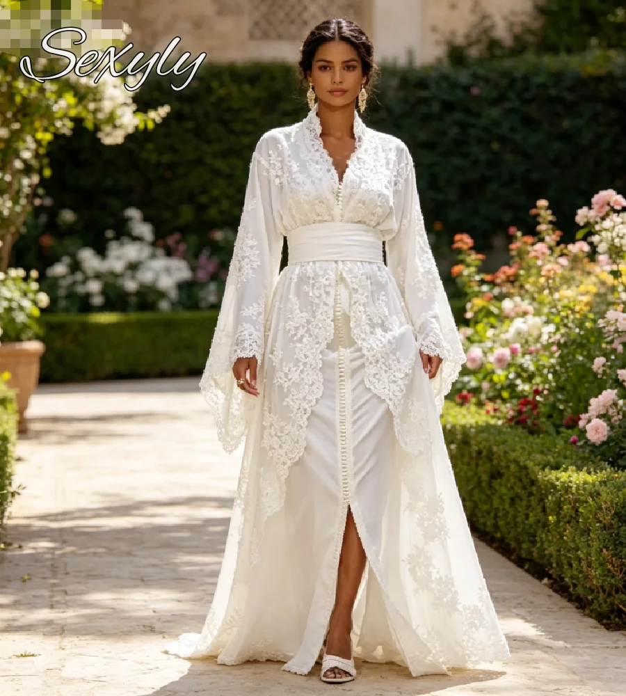 Bezauberndes marokkanisches Takchita Hochzeitskleid 2026 Übergröße Spitze Trompetenärmel Kaftan Dubai Brautkleider Türkisch inspiriert Muslimisch