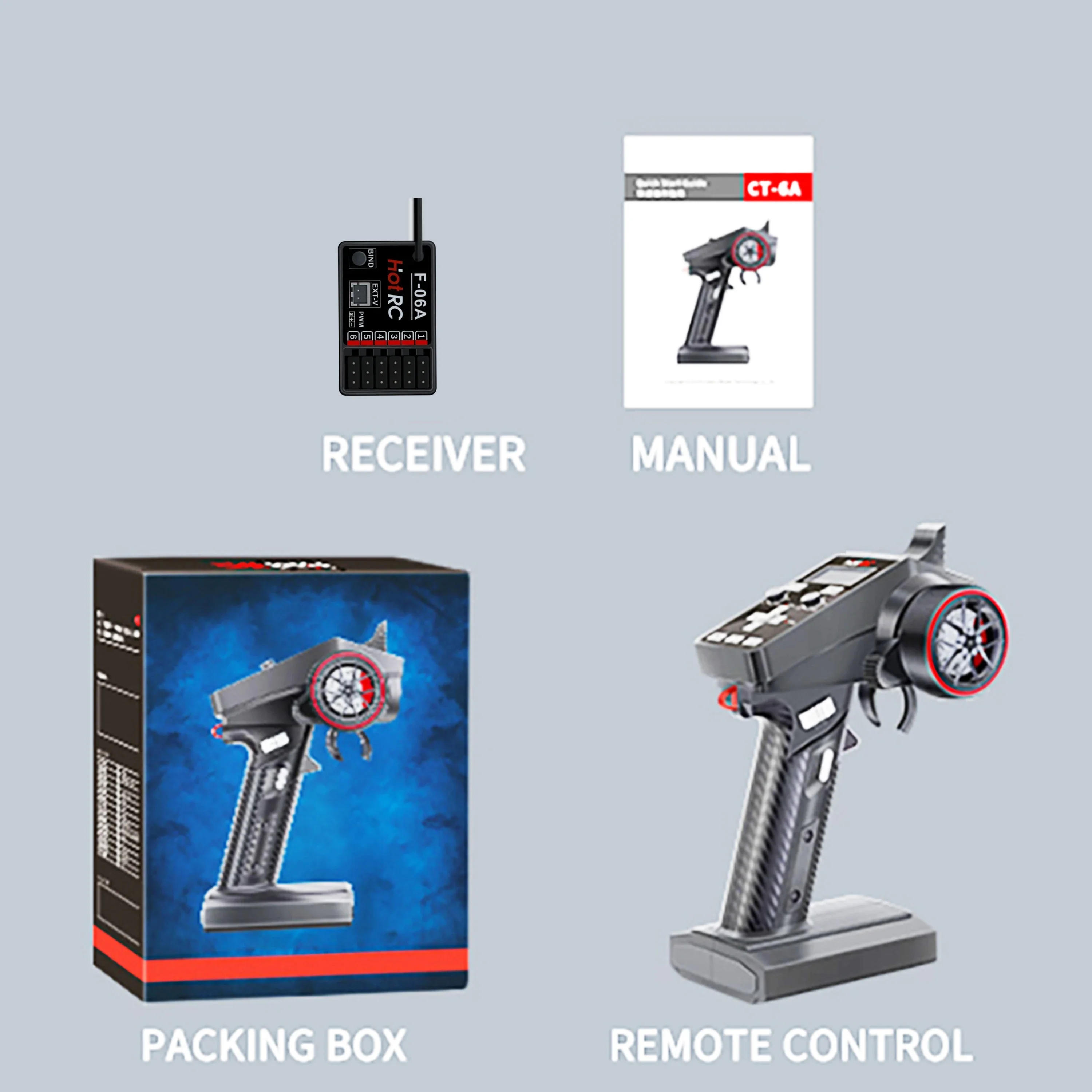 H ​ otRC CT-6A 6채널 2.4GHz 무선 시스템 송신기 CT6A와 F-06A PWM 수신기 (RC 자동차, 크롤러 트럭, 탱크, 보트, 드론, RC 모델용)