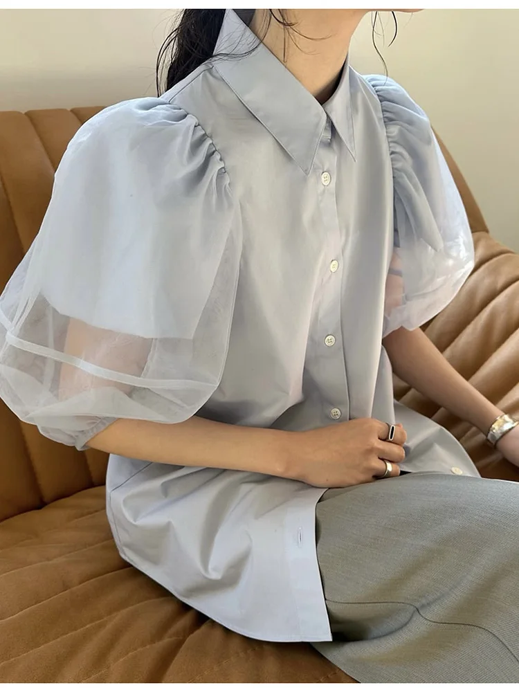 

Summer Freshness Bubble Sleeve Shirt Women's Cotton Blend Transparent Design Princess Style Short Sleeve Top Age Defying