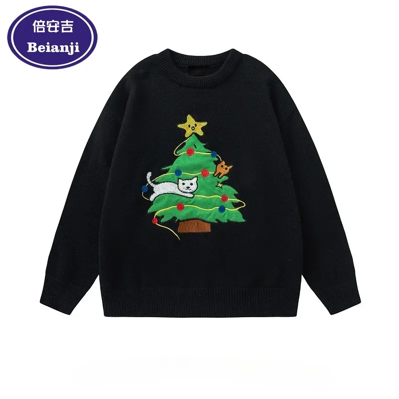 Christmas tree flocking red sweater male European and American street atmosphere emotional lover soft waxy thick jumper sweater