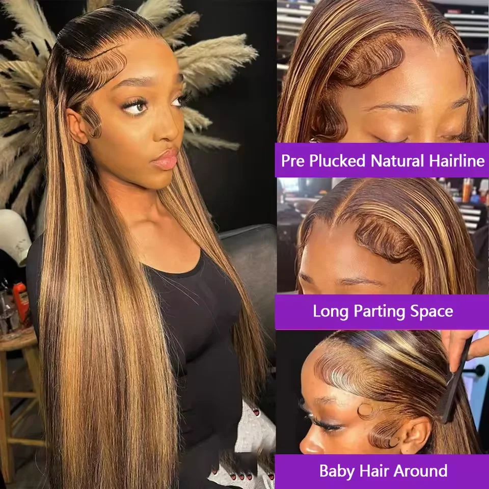 200 Density 13x6 HD Transparent Lace Frontal Wigs P4/27 Highlight Straight Colored 36 inches Human Hair Wigs