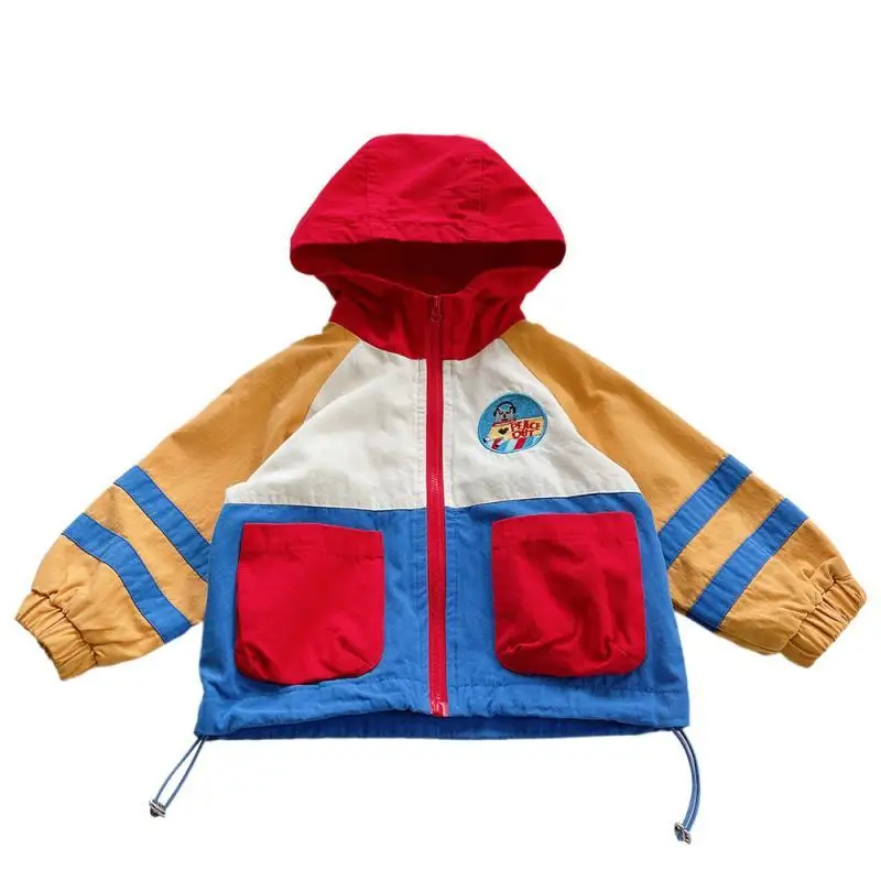 Kids American Style Patchwork Children\'s Clothing Retro Colored 100% Cotton Hooded Jacket Boys Girls Windbreaker Spring Fall Top