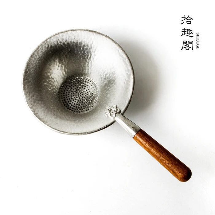 Shiqu Ge Wooden Handle Pure Tin Tea Strainer Filter, Hand Hammered Kung Fu Ceremony Accessories