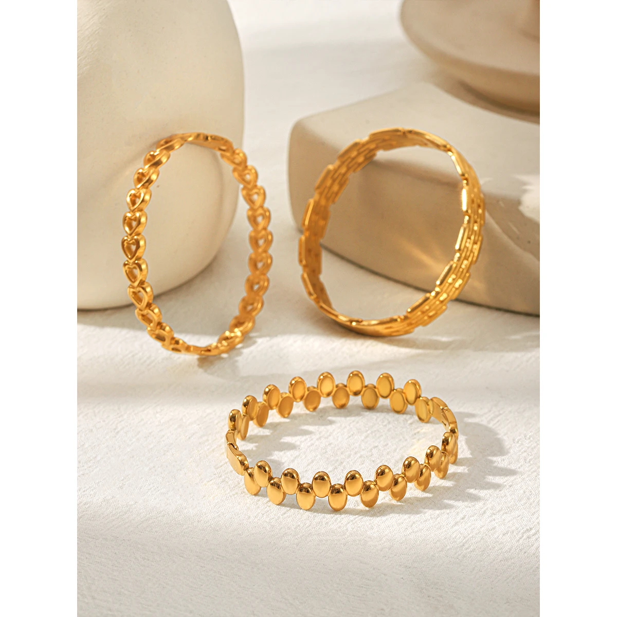 3Pcs Stackable Heart Braided Bracelet Set For Women Gold PVD Plated Stainless Steel Waterproof Minimalist Fashion Jewelry Gift