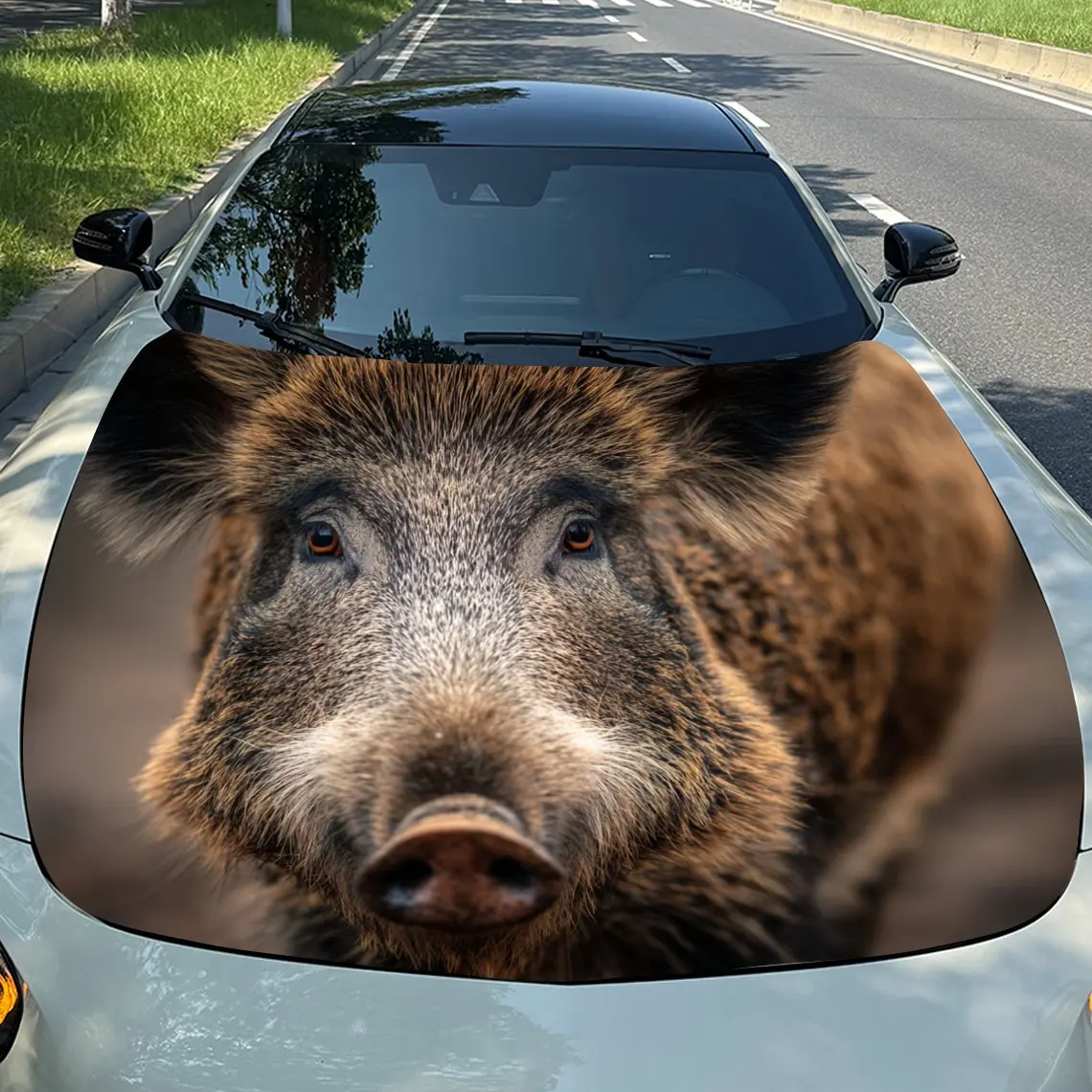 

Portrait Of A Wild Boar Car Hood Sticker PVC Self Waterproof Stick, Striking Auto Exterior Accessories Decor Protect Gift for Ca