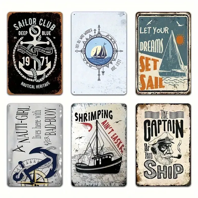[JIT] 6 قطع ديكور معلق على الحائط معدني بحري عتيق - "نادي بحار" و"Let Your Dreams Set Sail" - 20.32 × 30.48 سم، ريفي نوتيكا
