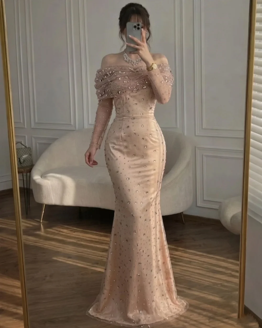 

Customized Modern Style Women Tulle Rhinestone Ruched Mermaid Evening Dresses Elegant Off-the-shoulder Floor Lenght Prom Dresses